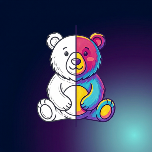 The HueMock bear: the left half is uncolored line art, the right half filled with bright marker colors.